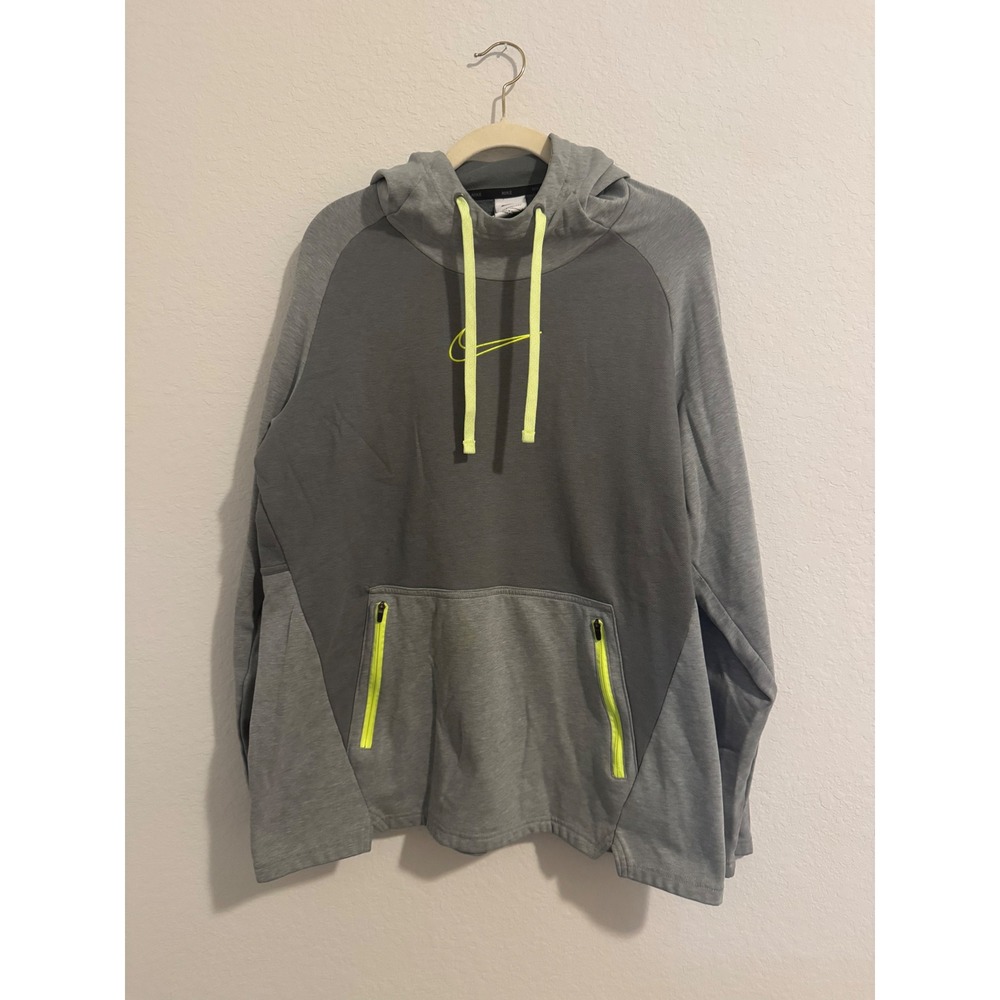 Nike Therma-FIT Mens Grey Neon Yellow Training Hoodie Sweatshirt XL-0737
